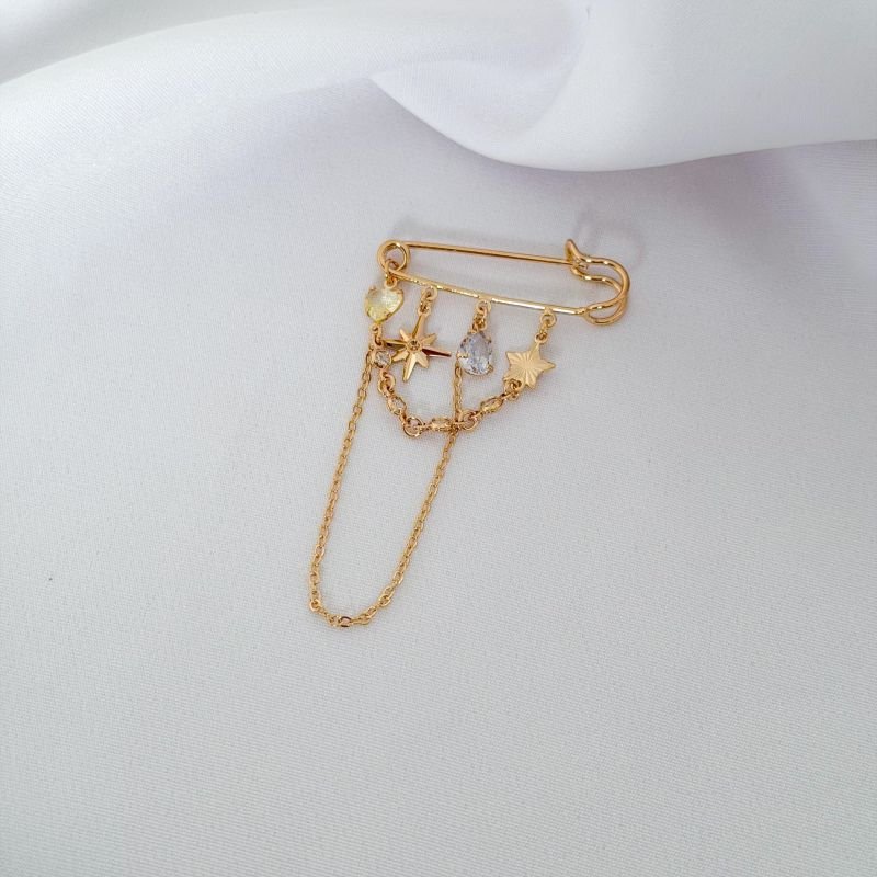 ACESSORIO ALFINETE C/ ESTRELAS E ZIRCONIAS EM OURO 18K