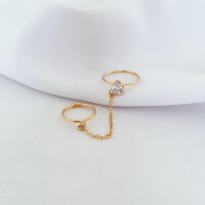 ANEL DUPLO COM FALANGE E CORACAO EM OURO 18K
