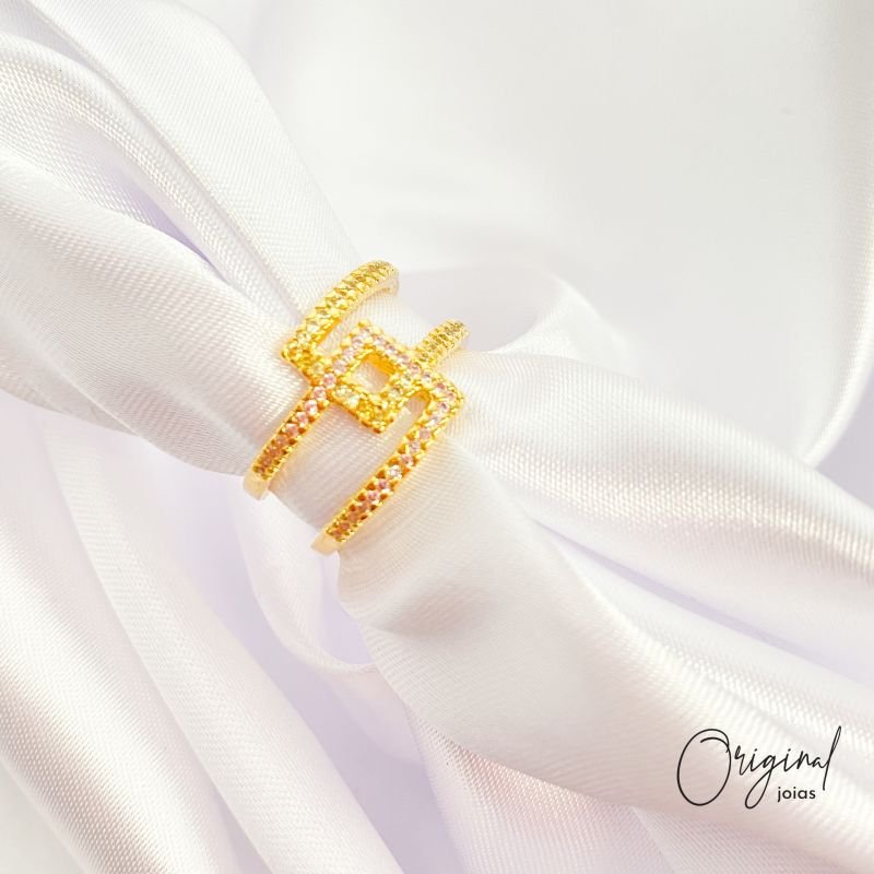 ANEL ZIG ZAG ZIRCONIAS EM OURO 18K