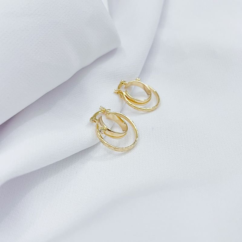 ARGOLA DUPLA FIO LISO COM ZIRCONIA E FIO TRABALHADO 2CM EM OURO 18K