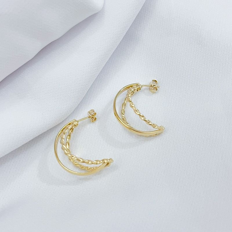 ARGOLA FIO TRIPLO TRANÇADOS E LISO 2,5CM EM OURO 18K