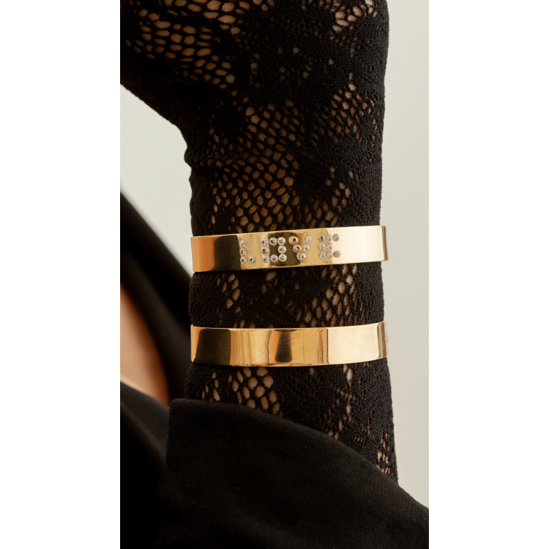 BRACELETE CHAPA COM DUAS ZIRCONIAS EM OURO 18K