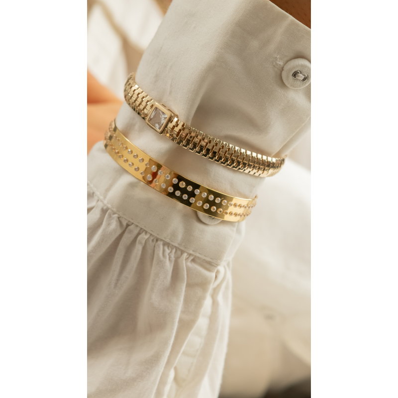 BRACELETE CHAPA COM ZIRCONIAS EM OURO 18K