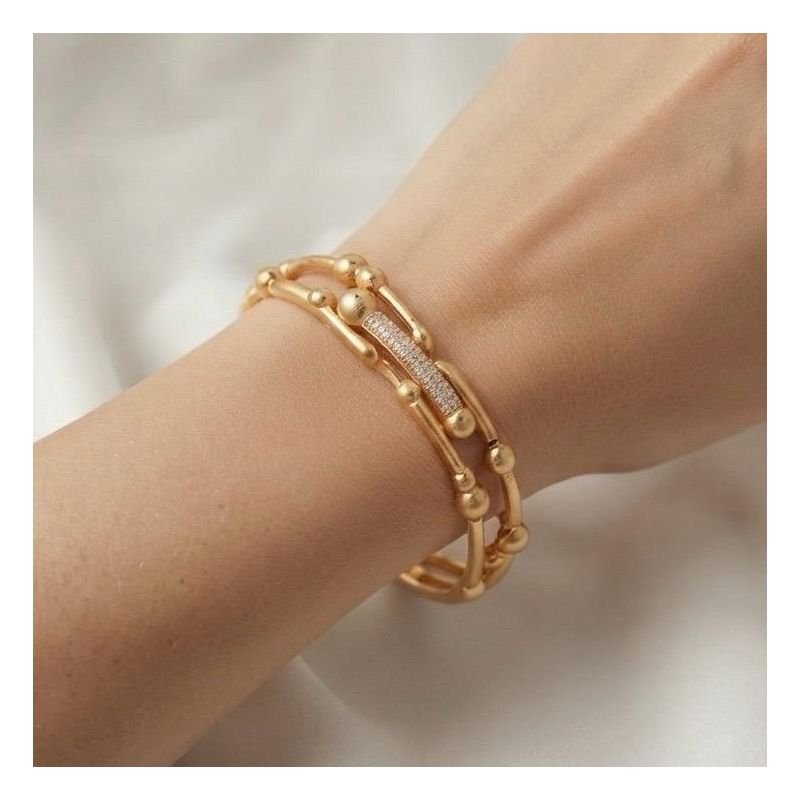 BRACELETE DETALHES EM BOLINHA E CRAVEJADO EM OURO 18K