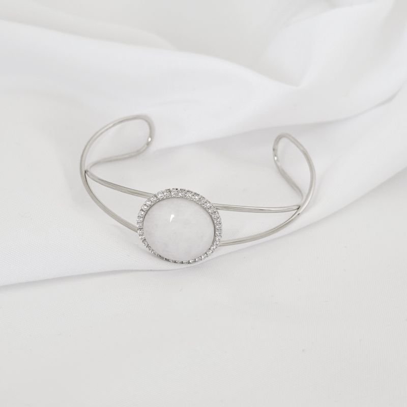 BRACELETE FIO DUPLO COM PEDRA REDONDA EM RÓDIO BRANCO