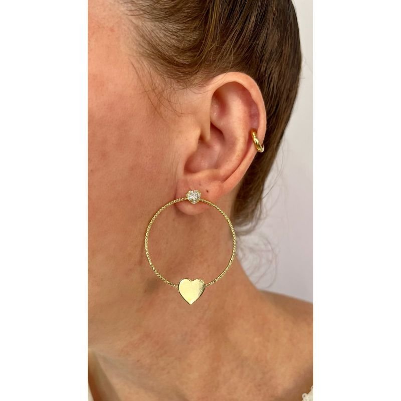 BRINCO ARO CORAÇÃO LISO E ZIRCONIA CORAÇÃO EM OURO 18K