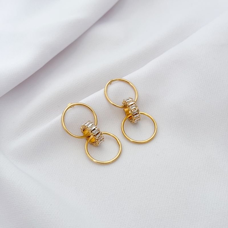 BRINCO ARO DUPLO COM BAGUETES ZIRCONIA EM OURO 18K