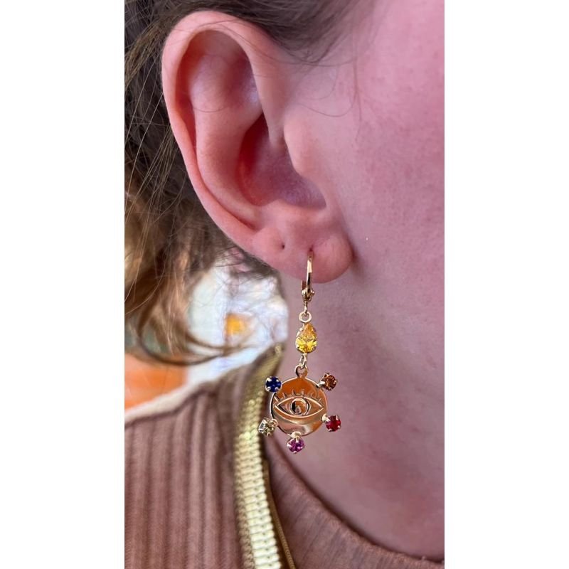 BRINCO ARTICULADO OLHO GREGO E PEDRINHAS COLORIDAS EM OURO 18K