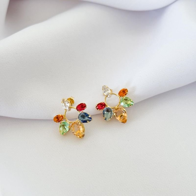 BRINCO CASCADA COM PEDRAS COLORIDAS EM OURO 18K