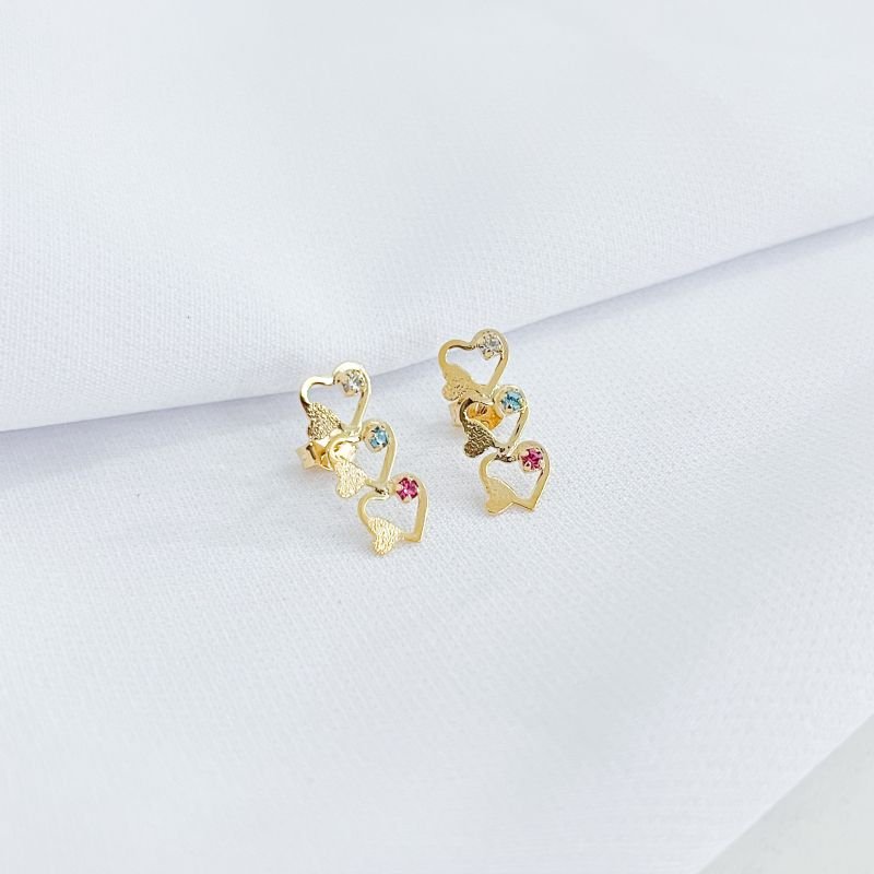 BRINCO EARCUFF CORAÇÕES COM ZIRCONIAS COLORIDAS EM OURO 18K