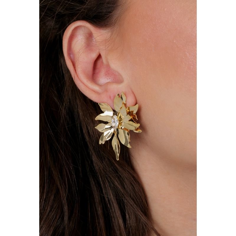 BRINCO FLOR DE LIRIO C/ NAVETE ZIRCONIA EM OURO 18K