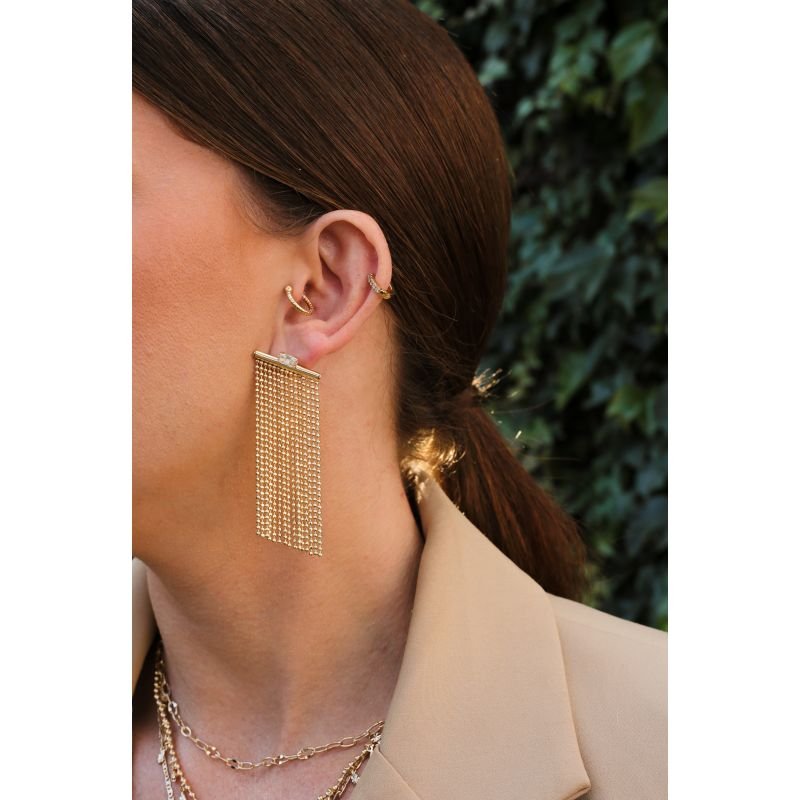 BRINCO FRANJA BOLINHAS COM ZIRCONIA BAGUETE EM OURO 18K