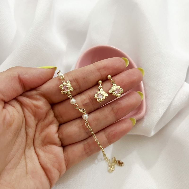 BRINCO INFANTIL BASE BOLINHA COM URSINHO ROSA EM OURO 18K