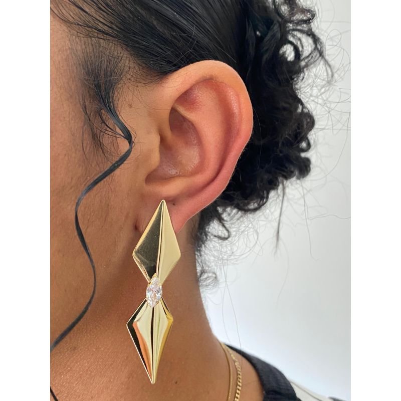 BRINCO LOSANGOS DUPLOS COM ZIRCONIA NAVETE EM OURO 18K