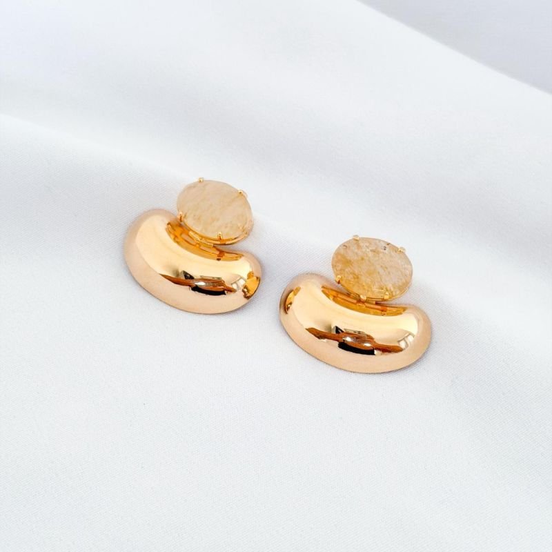 BRINCO OVAL CURVO LISO C/ PEDRA OVAL EM OURO 18K
