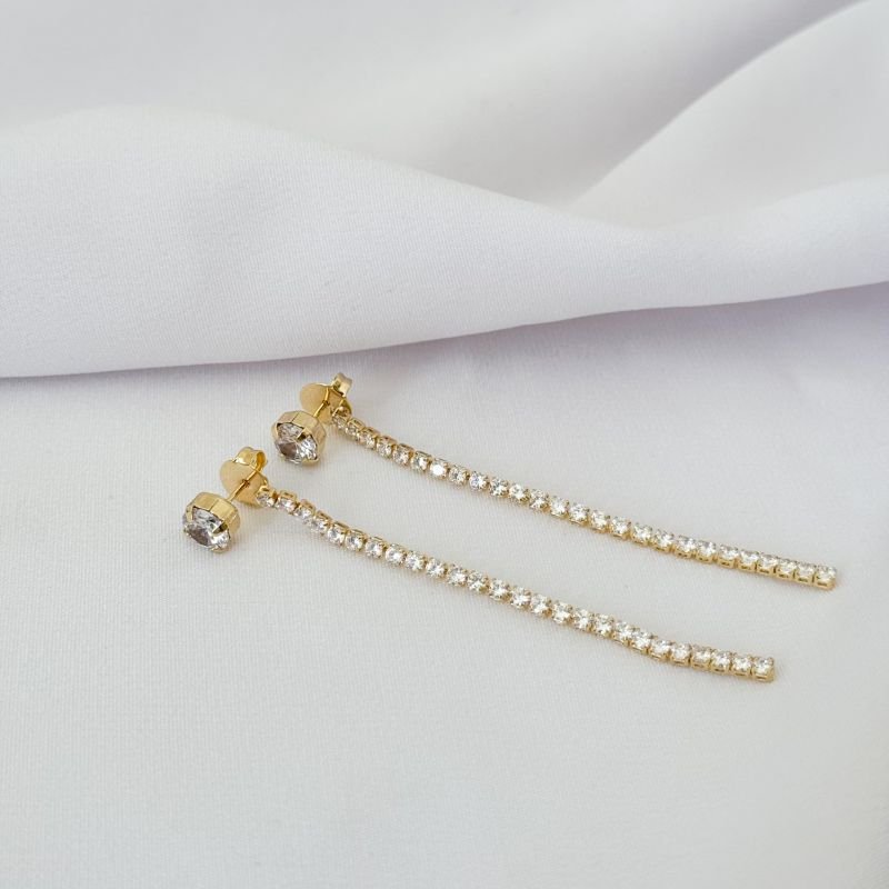 BRINCO PONTO DE LUZ COM TARRAXA CASCATA ZIRCONIAS EM OURO 18K