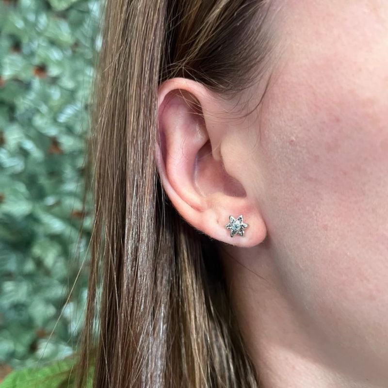 BRINCO SOLITÁRIO FLOR COM 1 ZIRCÔNIA EM RÓDIO BRANCO