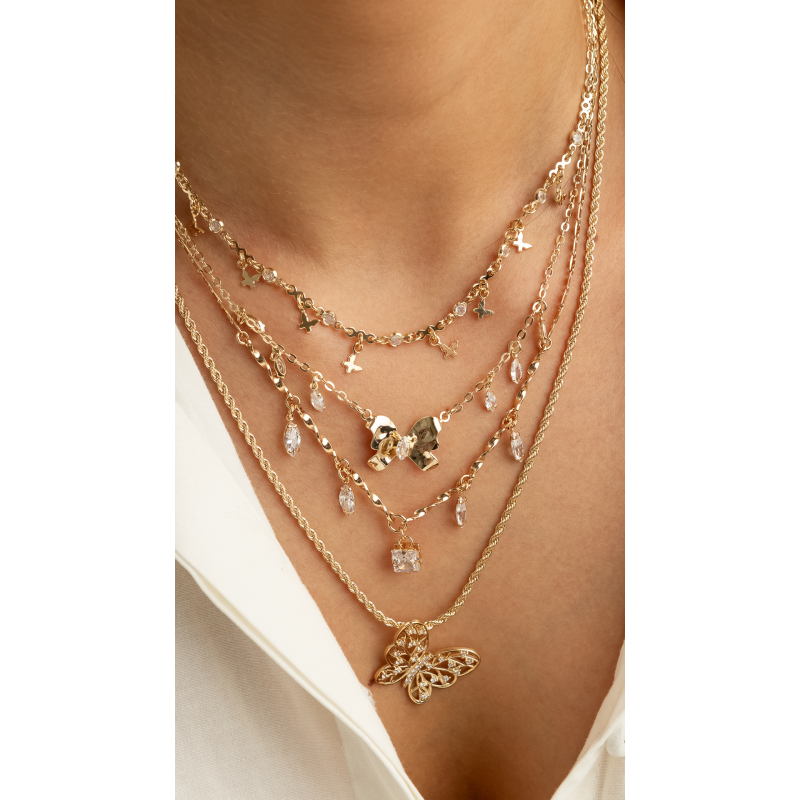 CHOCKER BORBOLETA ORGÂNICA COM ZIRCONIAS PENDURADAS EM OURO 18K