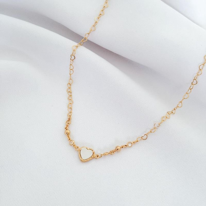 CHOCKER C/ CORACAO MADREPEROLA, BOLINHA E ZIR. EM OURO 18K