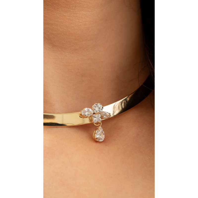 CHOCKER CHAPA COM DETALHE EM ZIRCONIAS EM OURO 18K