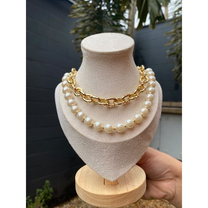 CHOCKER DUPLA ELO OVAL DIAMANTADO E PEROLA REDONDA EM OURO 18K