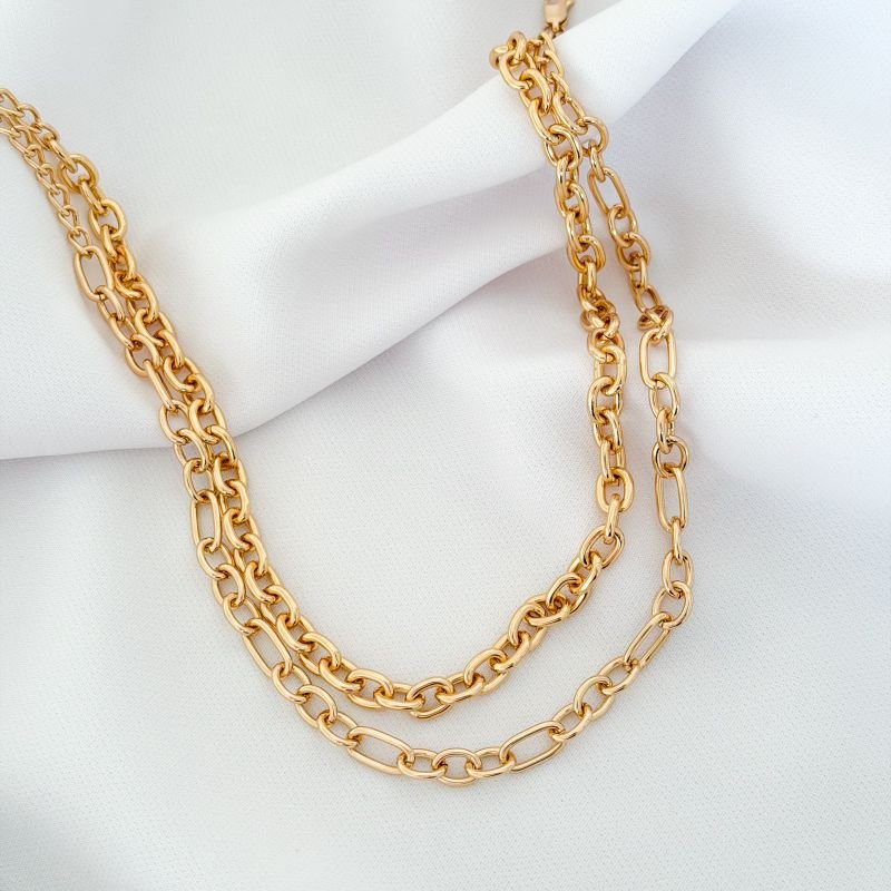 CHOCKER DUPLA ELOS ALTERNADOS E OVAIS EM OURO 18K