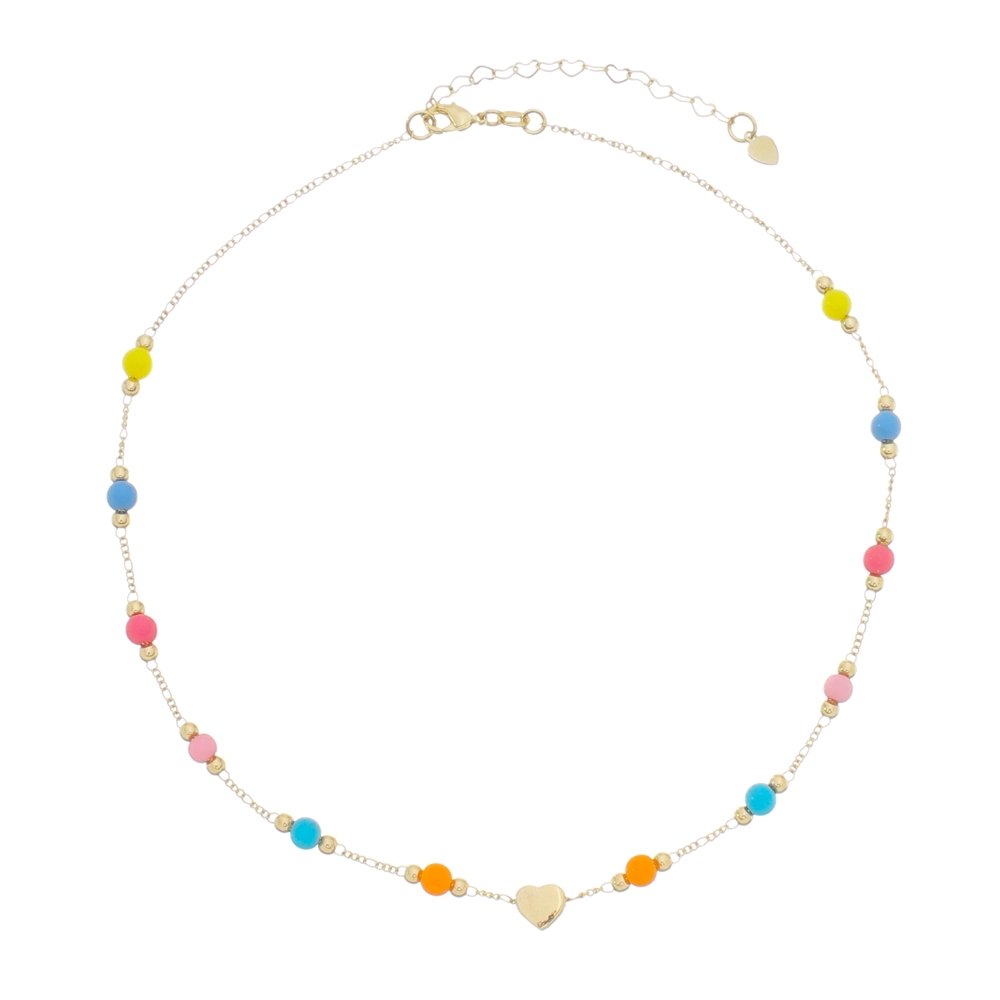CHOCKER PEDRINHAS COLORIDAS E CORAÇÃO 38CM + 5 CM EXTENSOR EM OURO 18K
