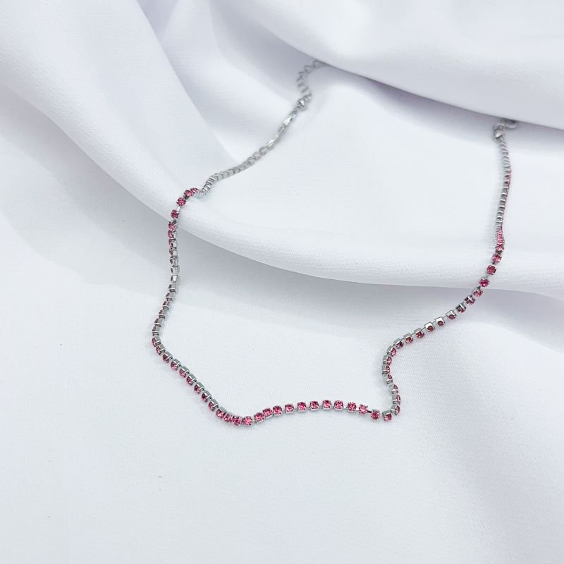 CHOCKER ZIRCÔNIAS COM 38 CM + 10 CM EXTENSOR EM RÓDIO BRANCO