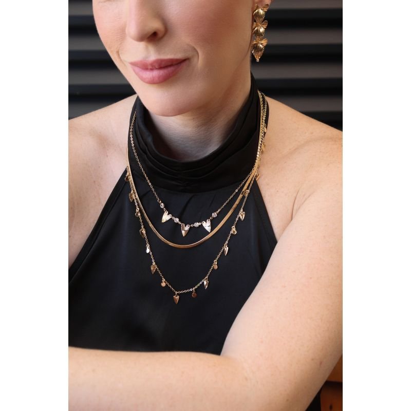 COLAR 3 CORACOES DIAMANTADOS E C/ ZIRCONIAS 50CM + 5CM EM OURO 18K