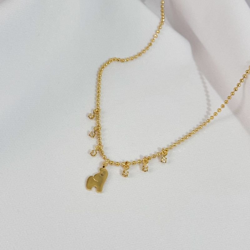 COLAR 40CM BOLINHAS COM PINGENTE DE ELEFANTE E PONTO DE LUZ EM OURO 18K