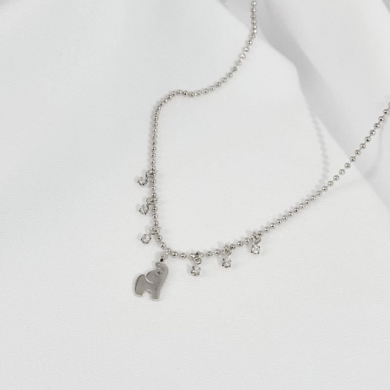 COLAR 40CM BOLINHAS COM PINGENTE DE ELEFANTE E PONTO DE LUZ EM RÓDIO BRANCO
