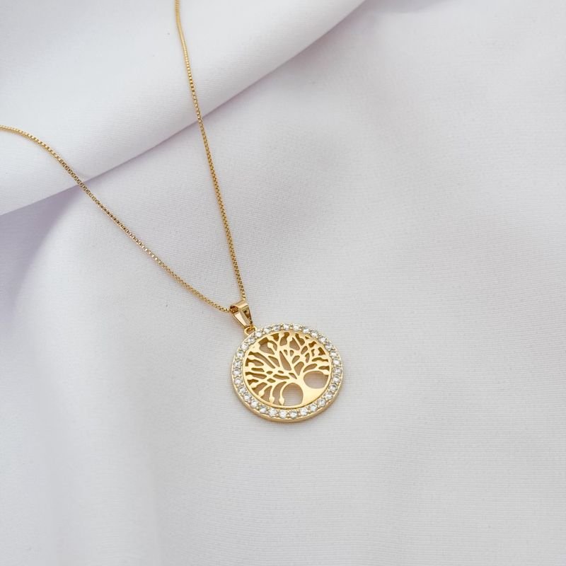 COLAR ARVORE DA VIDA COM BORDA CRAVEJADA EM OURO 18K