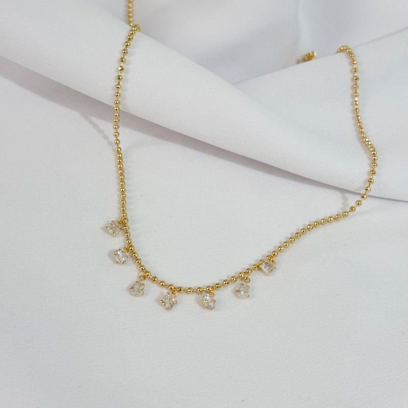COLAR BOLINHA DIAMANTADA COM PINGENTE ZIRCONIA EM OURO 18K