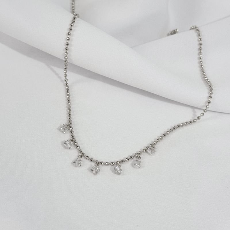 COLAR BOLINHA DIAMANTADA COM PINGENTE ZIRCONIA EM RÓDIO BRANCO