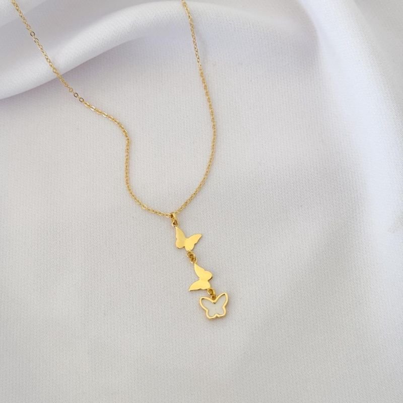 COLAR C/ BORBOLETAS LISAS E MADREPEROLAS 50CM + 5CM EM OURO 18K