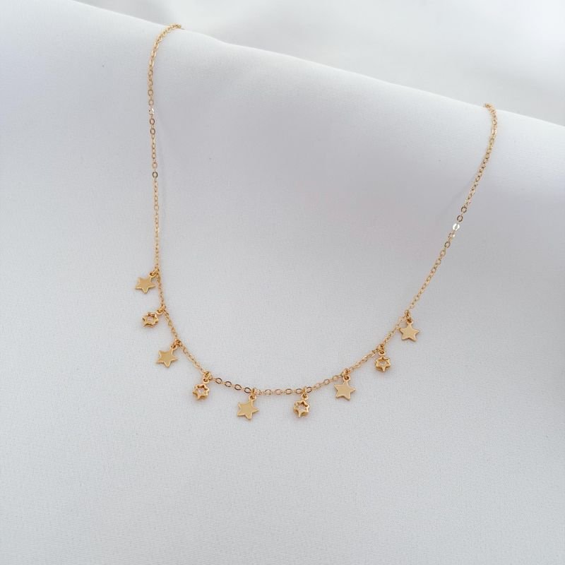 COLAR C/ ESTRELAS LISAS E C/ ZIRCONIAS 40/45CM EM OURO 18K