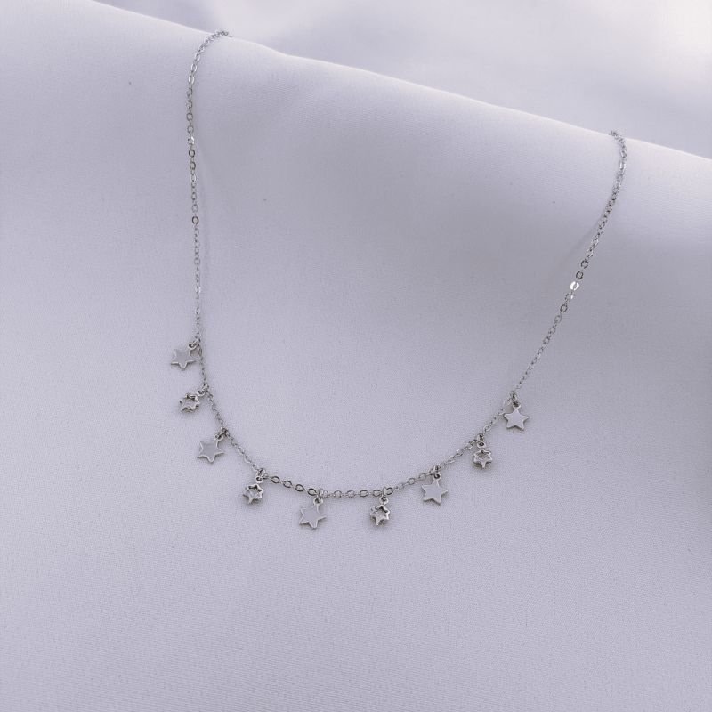 COLAR C/ ESTRELAS LISAS E C/ ZIRCONIAS 40/45CM EM RÓDIO BRANCO