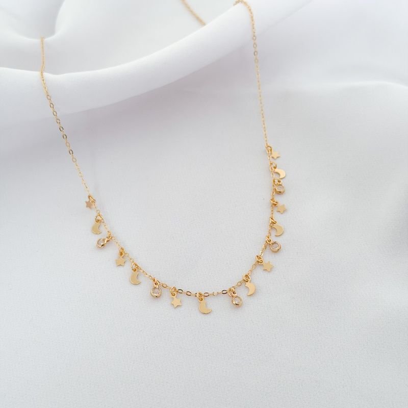 COLAR C/ LUAS, ESTRELAS E ZIRCONIAS 45CM + FECHO AJUSTAVEL EM OURO 18K
