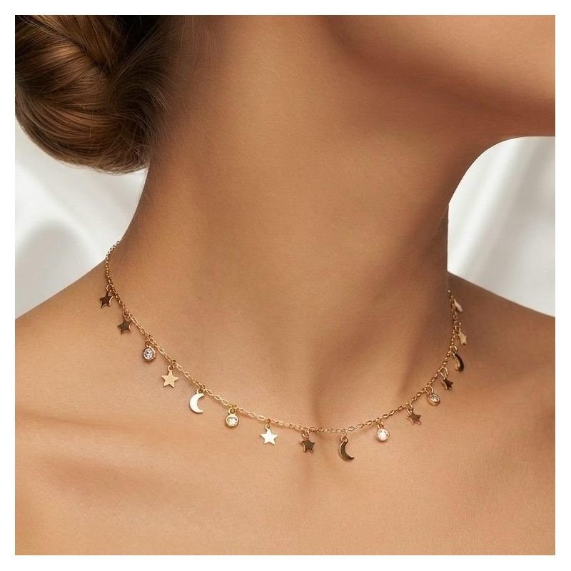 COLAR C/ LUAS, ESTRELAS E ZIRCONIAS 45CM + FECHO AJUSTAVEL EM OURO 18K