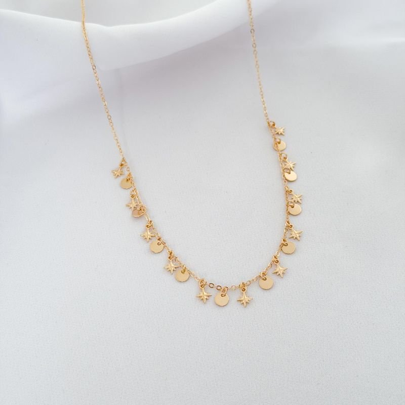 COLAR C/ MEDALHINHAS LISAS E ESTRELINHAS 45CM + AJUSTAVEL EM OURO 18K