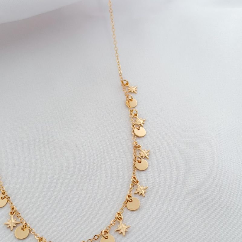 COLAR C/ MEDALHINHAS LISAS E ESTRELINHAS 45CM + AJUSTAVEL EM OURO 18K