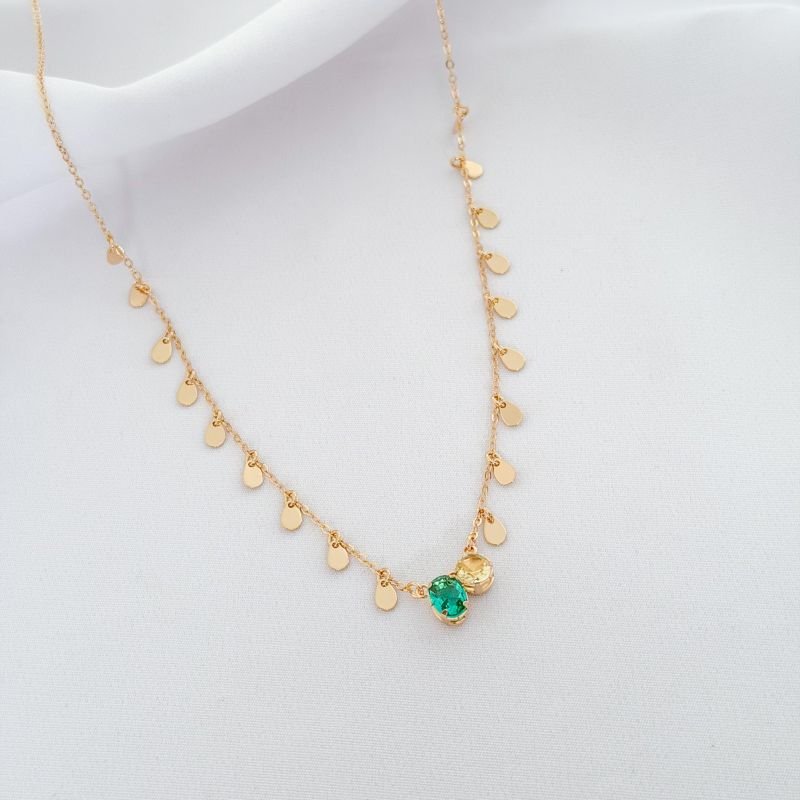 COLAR C/ OVAL TURMALINA E REDONDO AMARELO C/ GOTINHAS LISAS EM OURO 18K