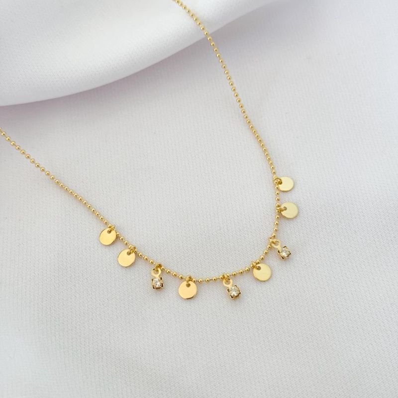 COLAR COM MEDALHAS E ZIRCONIA 40CM + 10CM EM OURO 18K