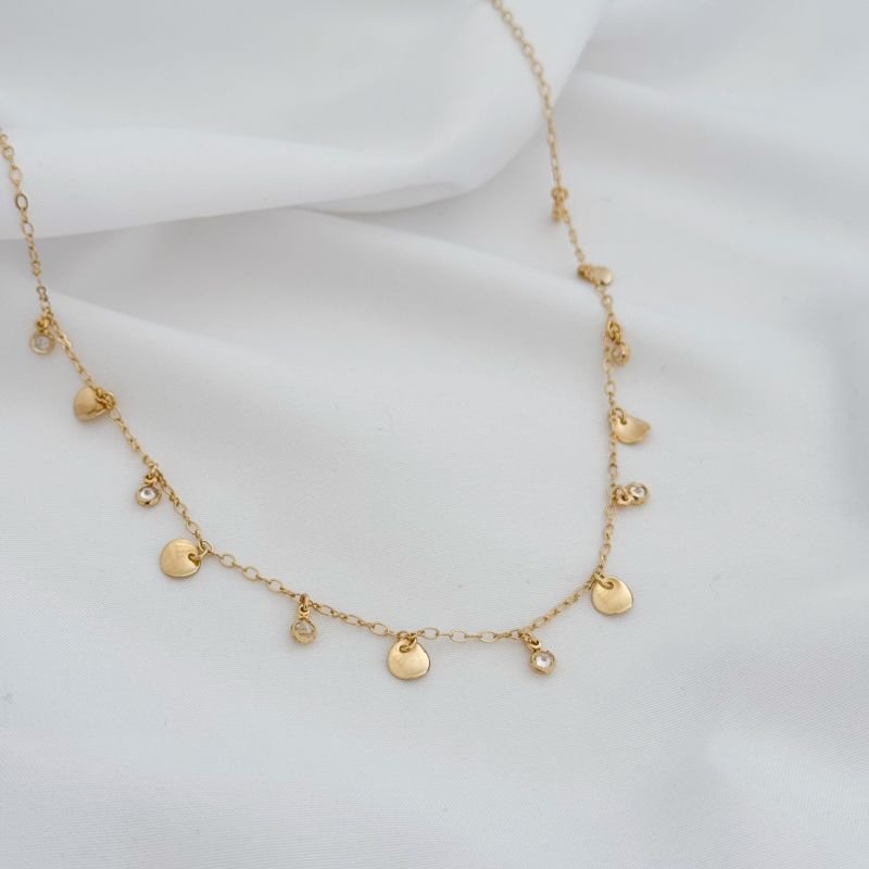 COLAR COM MEDALHAS ONDULADAS E ZIRCONIA EM OURO 18K