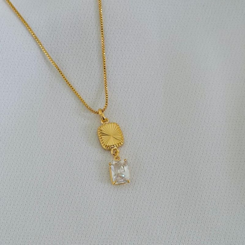 COLAR COM RETANGULOS DIAMANTADO E ZIRCONIA 45CM + 5CM EM OURO 18K