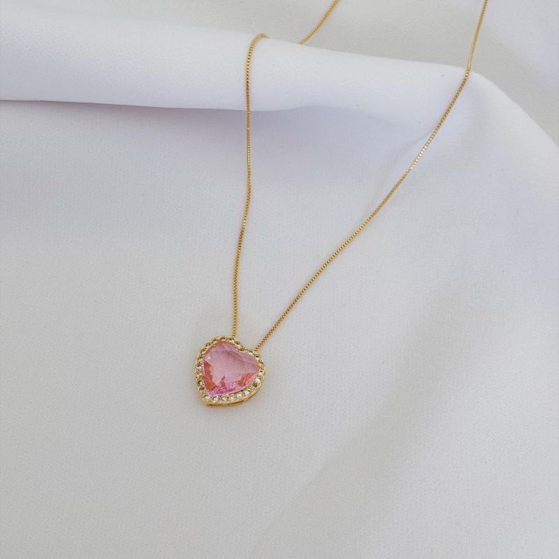 COLAR CORAÇÃO 15MM COM BORDA CRAVEJADA EM OURO 18K