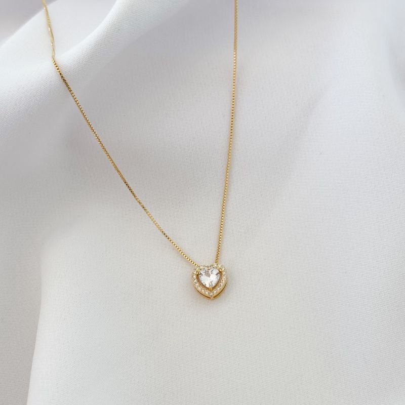 COLAR CORAÇÃO 6MM COM BORDA CRAVEJADA EM OURO 18K