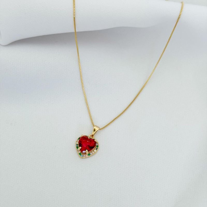 COLAR CORACAO DE 10MM BORDA COLORIDA EM OURO 18K
