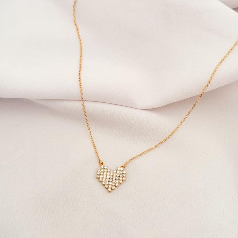 COLAR CORACAO PEQUENO EM ZIRCONIA FECHO AJUSTAVEL 40/45 EM OURO 18K