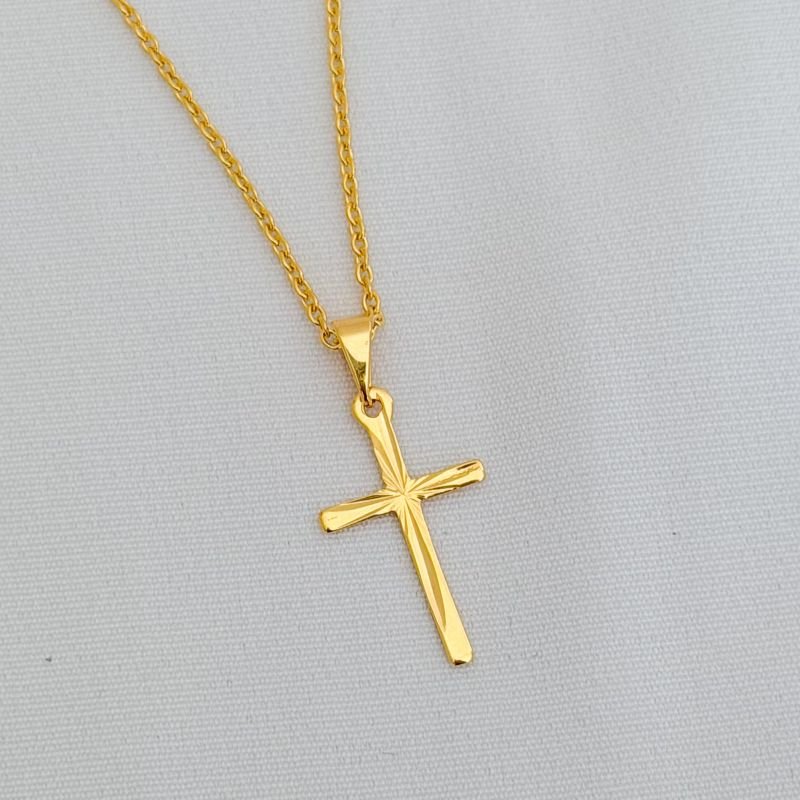 COLAR CORRENTE CADEADO 60CM COM CRUZ DAIAMANTADA EM OURO 18K